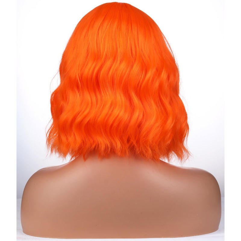 BERON Orange Wigs for Women Short Curly Girls Neon Orange Wig Womens Bright Colored 12" Wavy Bob Heat Resistant Synthetic Hair Wig with Wig Cap - Image 4